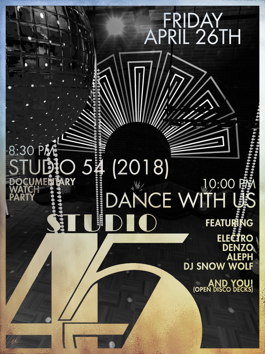 We at Studio 45 would like to formally invite you to a special event celebrating the original grand opening of Studio 54 in New York on which this venue is a tribute to Come join us TOMORROW (4/26/24) for a watch party of the Studio 54 Doc and Party til dawn after (Times in EDT)