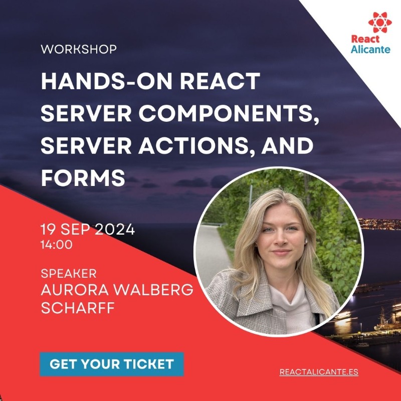 ReactAlicante's tweet photo. With @aurorascharff, gain insights into optimizing server-side rendering, enhancing application interactivity through Server Actions, and mastering form creation for robust data handling and validation. 🤩 #ReactAlicante #reactjs