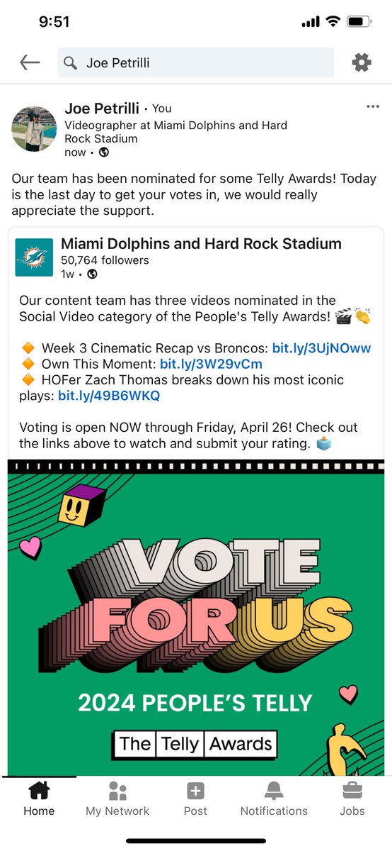 If you have a moment please submit your votes for the @MiamiDolphins video team in this years @tellyawards . We appreciate all of the support 🤝 Link: linkedin.com/posts/miami-do…