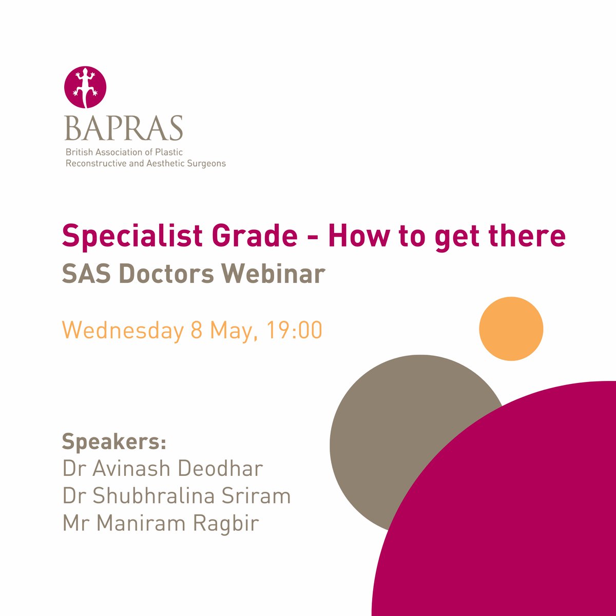📢SAS doctors, join us on Wednesday, May 8th at 19:00 for a free webinar! Hear insights from BAPRAS president, Mani Ragbir, Avinash Deodhar and Shubhralina Sriram. Register below and please encourage SAS doctors in your unit to participate.⁠ ➡️us02web.zoom.us/webinar/regist…