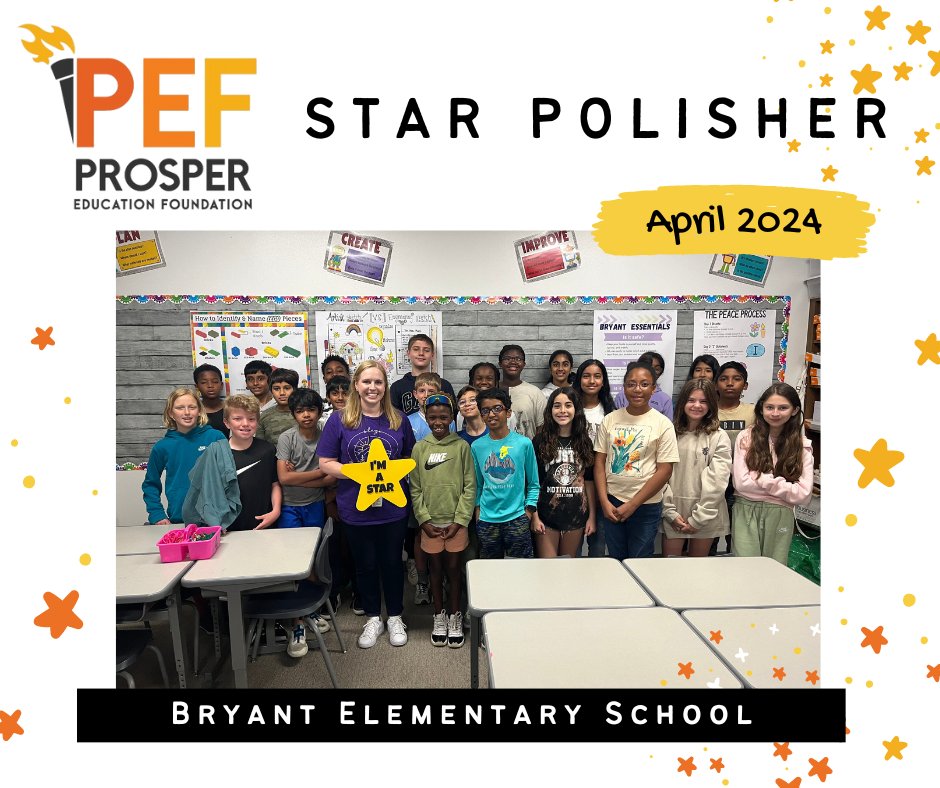 PEF wishes A big congratulations to, Ms. Miller on becoming the April Star Polisher. You have worked so hard! Your students are so lucky to have you at Bryant Elementary! 🌟 #starpolisher #amazingteachers #bryantelementary