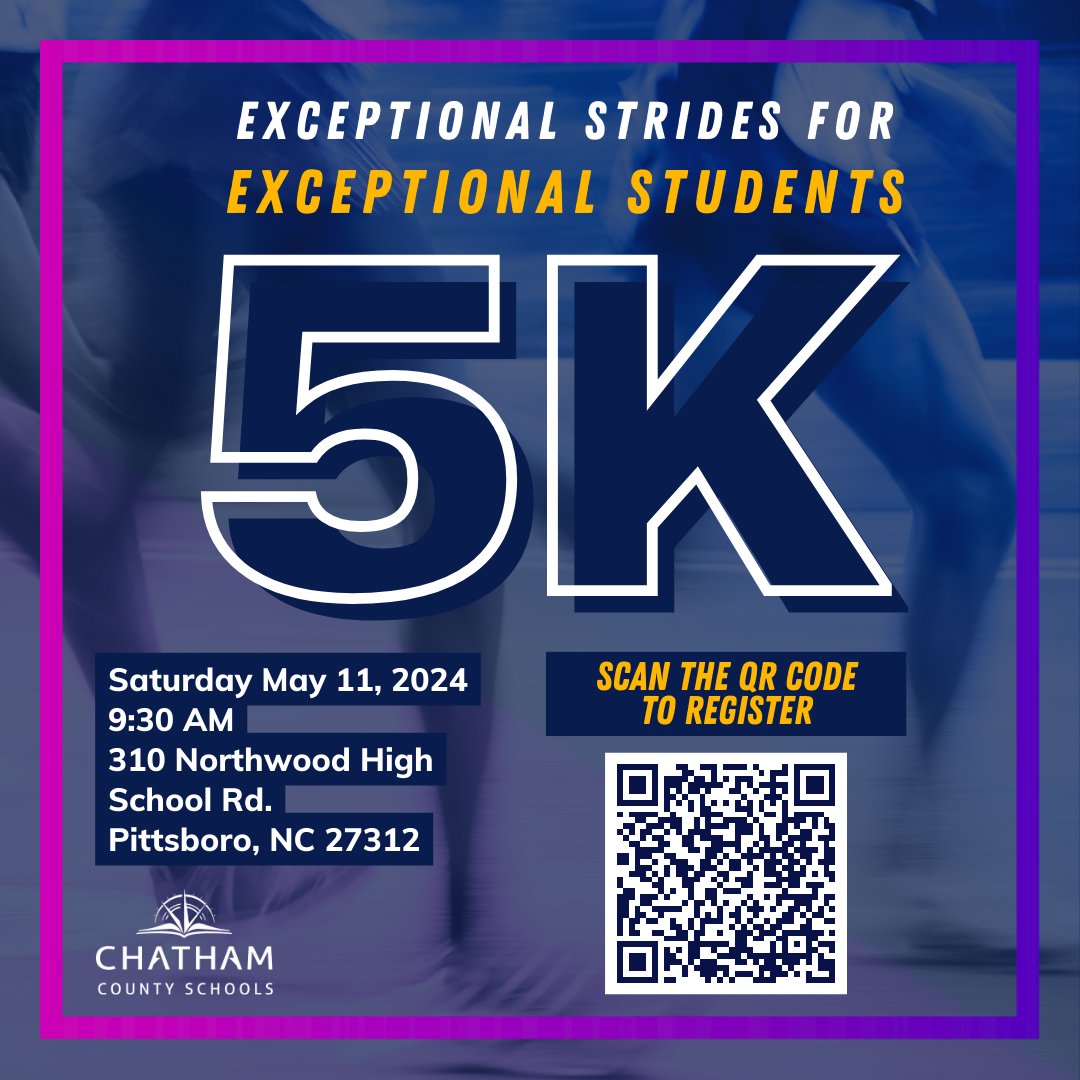 Run, walk, or roll your way to this year's Exceptional Strides for Exceptional Students 5K! We'll have a 5K, a Fun Run track lap or 100-meter dash, plus you'll get a pretty exceptional T-shirt. Click the link to register: ow.ly/bqhU50QoaQQ #OneChatham #SeeThePossibilities