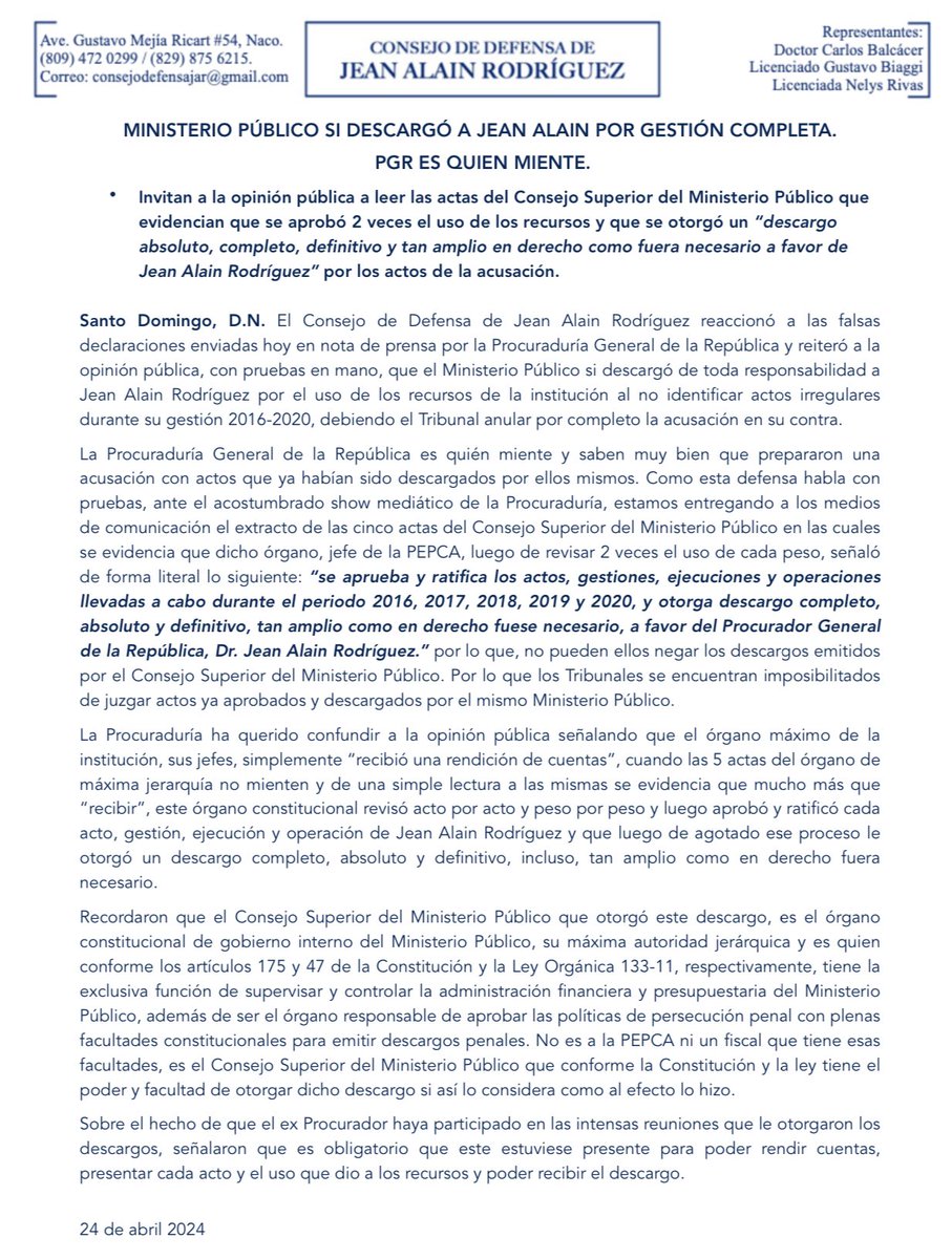 MINISTERIO PÚBLICO SI DESCARGÓ A JEAN ALAIN POR GESTIÓN COMPLETA.
PGR ES QUIEN MIENTE

Ante las falsas informaciones divulgadas por la Procuraduría General de la República en esta fecha señalando que el Consejo Superior del Ministerio Público “simplemente recibió una rendición de