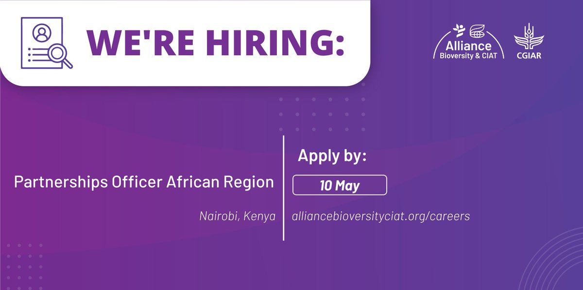 📢#Vacancy I We are seeking a Partnerships Officer for the African Region who will Identify and foster opportunities for resource mobilization at the regional and country level. 🎯Based in Nairobi, Kenya ✅Apply by 10 May Details👉 alliancebioversityciat.org/careers?utm_ca…