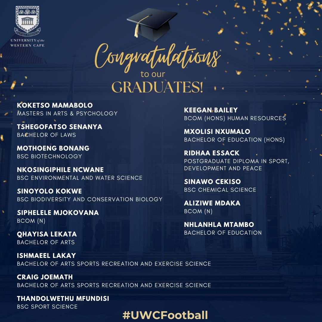 Con𝗚𝗥𝗔𝗗ulations to our educated footballers! 🎓💙

“This accomplishment is a true reflection of you maintaining your tenacity, resilience and hard work on the field and in your studies”. - Sports Council Chairperson 

#UWCFootball | #IAmUWC