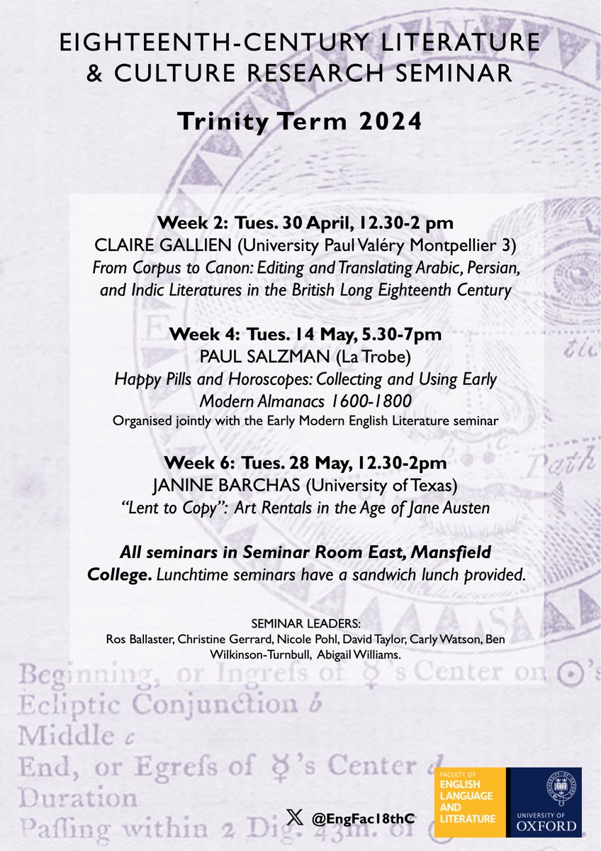 Here's our term card for Trinity term. All welcome! We're excited to be hosting Claire Gallien, @paul_salzman, and Janine Barchas.