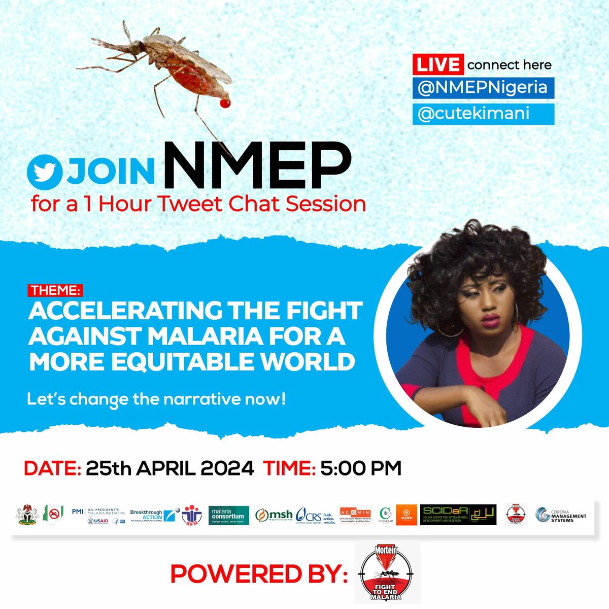 Its happening live today
A TweetChat session with @Cutekimani and @NMEPNigeria and they will be discussing 'ACCELERATING THE FIGGT AGAINST MALARIA FOR A MORE EQUITABLE WORLD'

Don't miss it

Time: 5 Pm 
Date: 25th, April 2024
#2024WMD 
#ZeroMalariaStartsWithMe
#KimaniOffAir