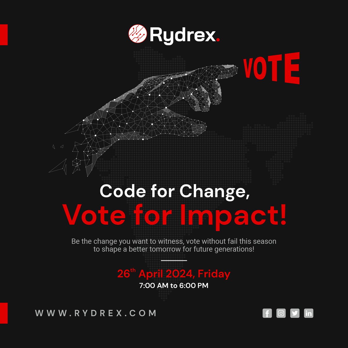 Fulfil your fundamental duty of electing your beloved leader to represent you amidst the trailblazing technological era and be the change you want to witness. Take a wise decision and make sure to cast your votes!

#Rydrex #Vote #India #InkWaliSelfie #LokSabhaElection2024 #ECI