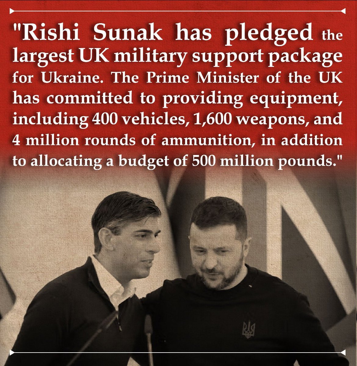 #RishiSunak has pledged the UK's largest military support package for Ukraine. The British Prime Minister has committed to providing equipment including 400 vehicles, 1,600 weapons, and 4 million rounds of ammunition, in addition to allocating a £500 million budget. #SunakOut547
