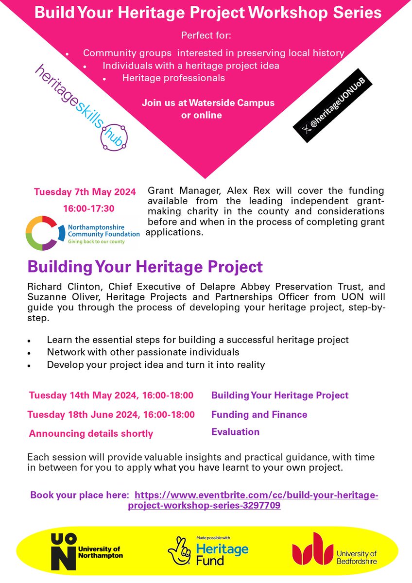 FREE training for the Heritage Sector in Northants and Beds!
Our series of workshops will help you to build you project.

Book here:  eventbrite.com/cc/build-your-…

#heritage #training #cpd #projectmanagement #funding #heritagelottery