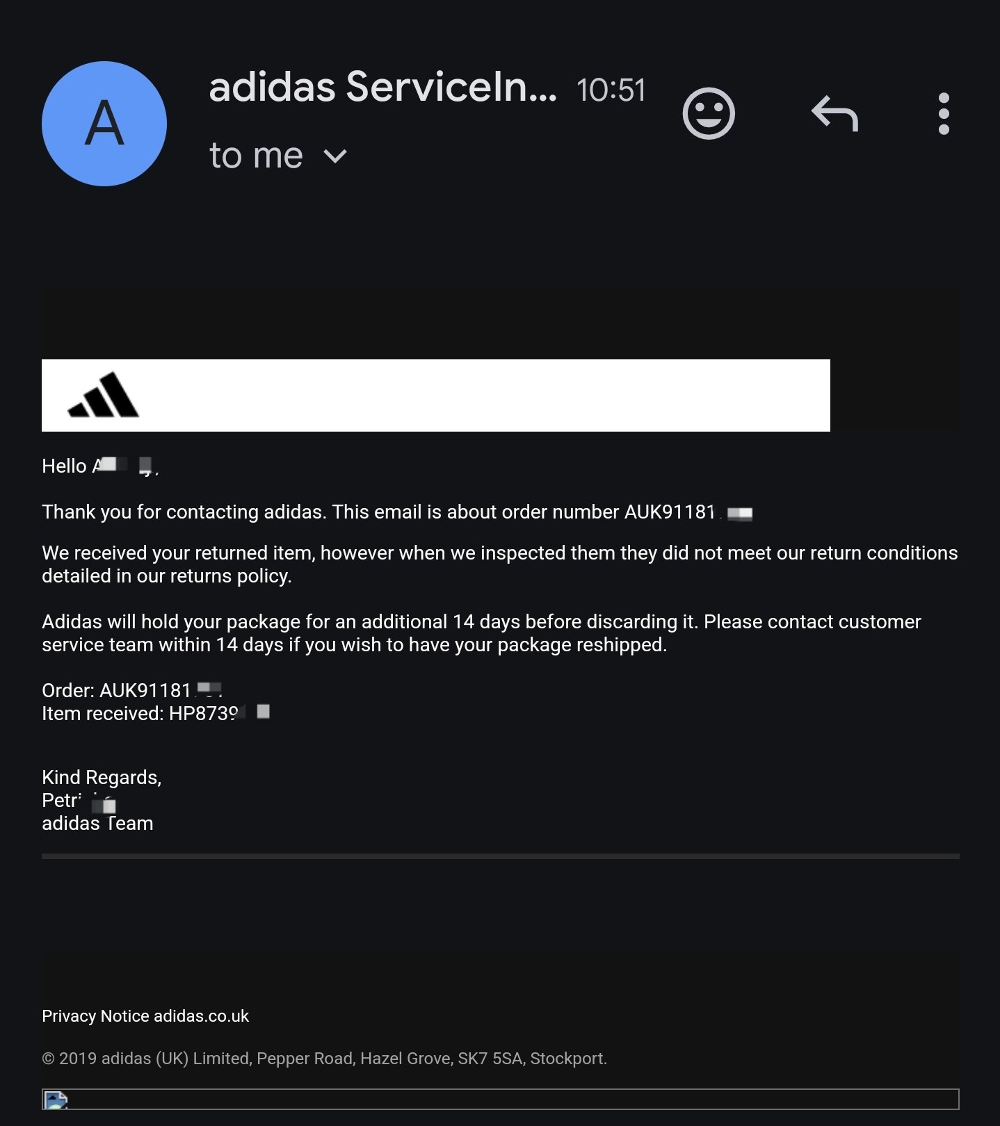 Stormbreaker on X Adidas sending me contradicting emails within 1hr of each other Clearly not investigating my issue properly before declining to refund an item with clear poor quality. adidasUK adida...