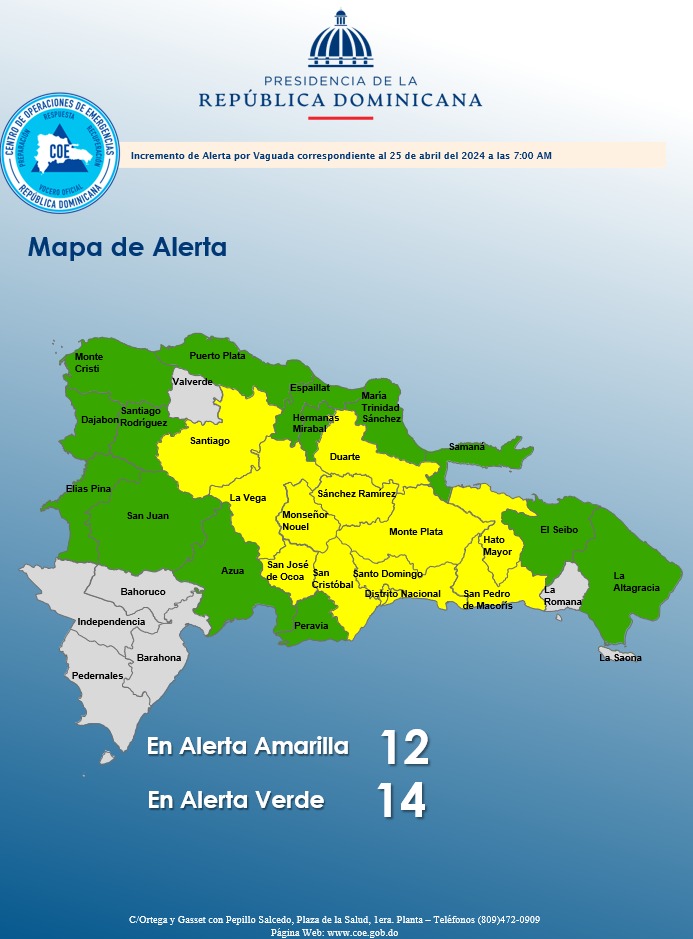 El COE mantiene 11 provincias y al Distrito Nacional en alerta amarilla y aumenta 14 en verde, debido a que tendremos suficiente humedad e inestabilidad proporcionada por la vaguada que afecta nuestro territorio, por lo que continuara n los aguaceros de moderados a fuertes.