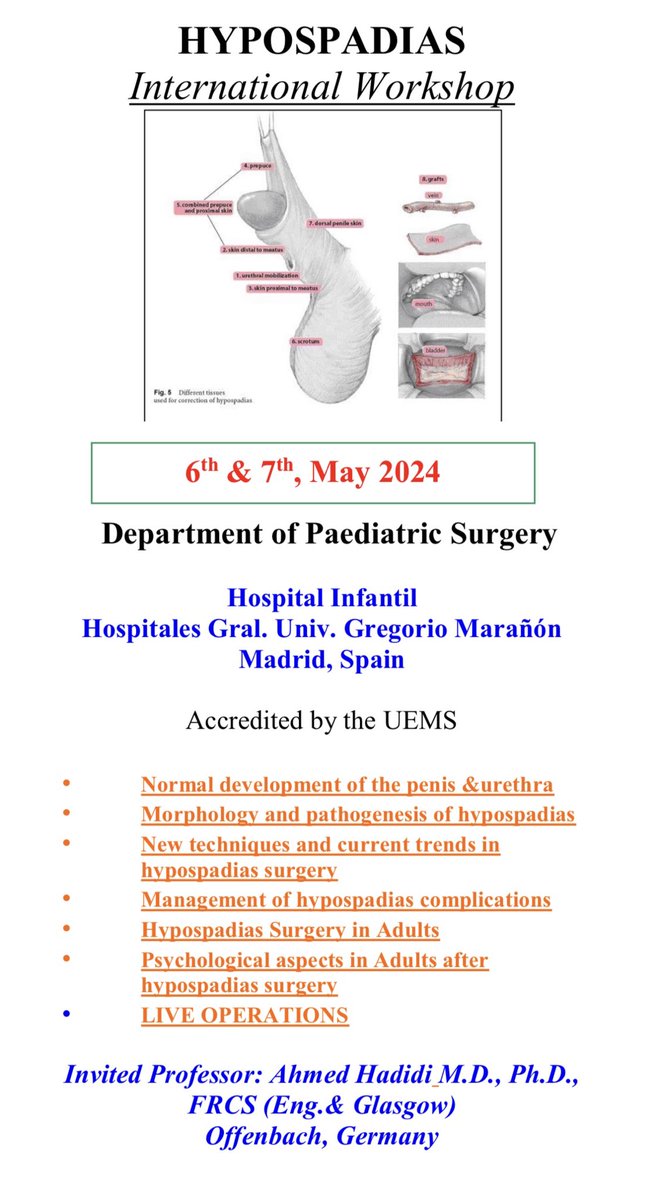 Taller internacional Hipospadias en Hospital Gregorio Marañón. 6-7 de mayo. Información completa y tasas de inscripción en el enlace. secipe.org/wordpress03/wp…