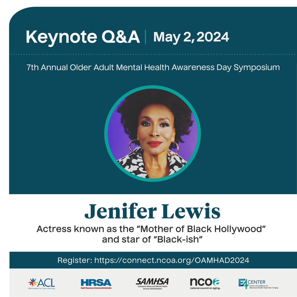 📣 We’re excited to announce that @JeniferLewis will be our keynote speaker at this year’s Older Adult Mental Health Awareness Day Symposium on May 2! Jenifer is an outstanding actress and #MentalHealth advocate. Register today to reserve your spot 👉 connect.ncoa.org/oamhad2024