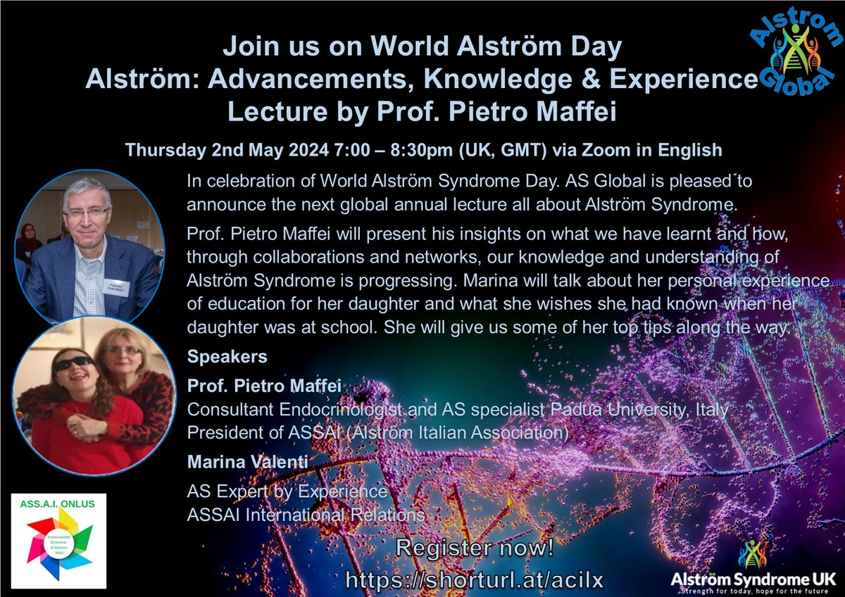 It is nearly World Alström Syndrome Day, 3rd May 2024! and AS Global Director Ann's last day 😭 Join us on 2nd May from 7:00pm (UK time) to hear about Alström: Advancements, Knowledge and Experience in this eagerly anticipated annual lecture. us02web.zoom.us/meeting/regist…