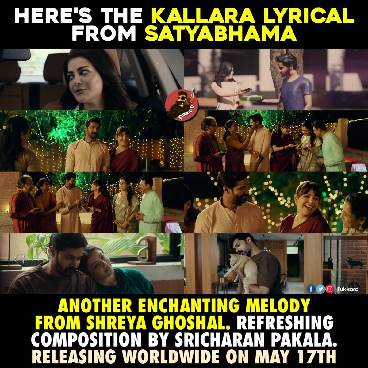 First Single #Kallara out now in the melodious voice of @shreyaghoshal ▶️ youtu.be/dcWqS8juqKY In theatres worldwide on May 17th 🔥 #SatyabhamaFromMay17th #Satyabhama @MsKajalAggarwal