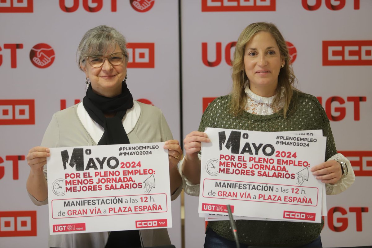 Sobran los motivos para manifestarse este 1º de Mayo en Madrid 🔴@palomalopezB y @MarinaPrietoUGT han presentado esta mañana la manifestación del #1mayo2024 en #Madrid ℹ️ Recuerda, la manifestación de #Madrid será a las 12h de Gran Vía/esq. c/Alcalá hasta Plaza de España Ver…