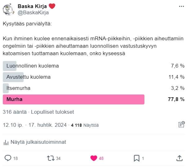 mRNA piikkien aiheuttamista tuhansista murhista ei ole suomessa tuomittu vielä ketään.