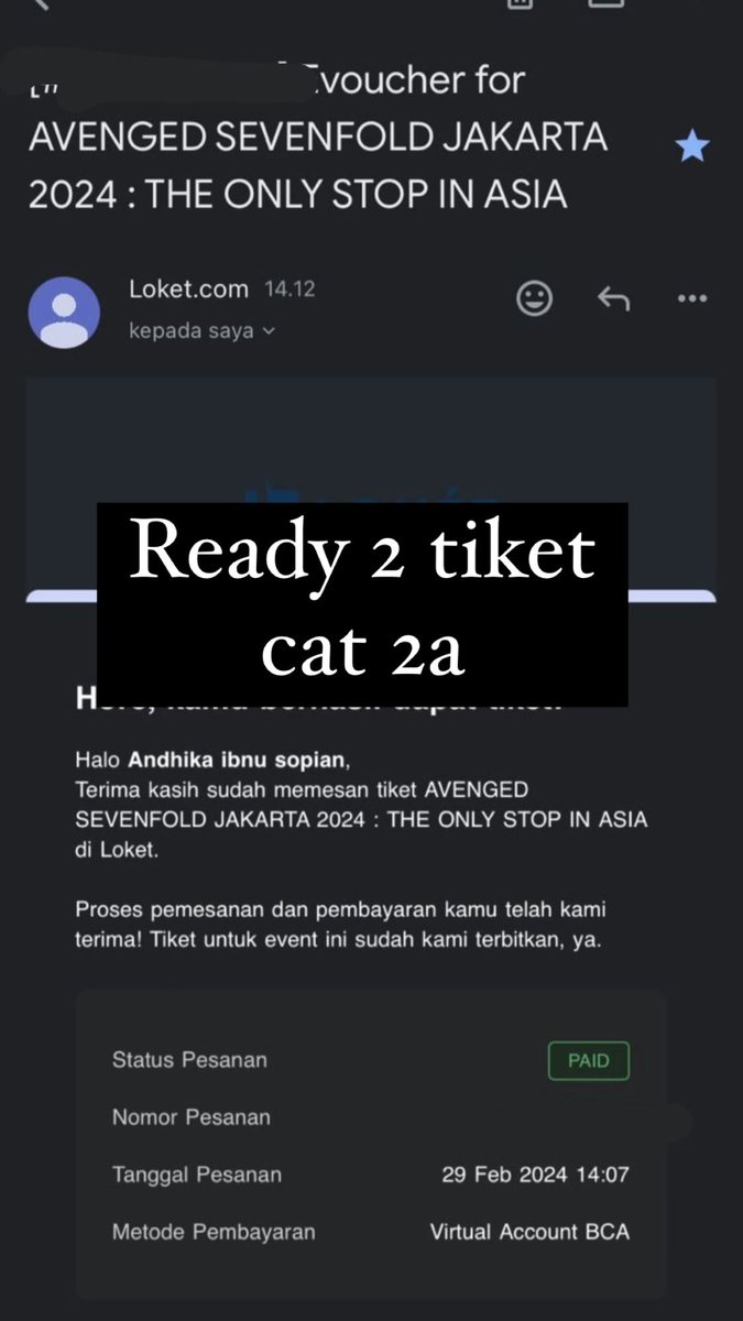 WTS TICKET AVENGED SEVENFOLD IN JAKARTA 2024 

CAT 2a 2 tix (2.200.000/tiket)
✅trusted / normal price

#wts #wtb #avengedsevenfold #wtsavengedsevenfold