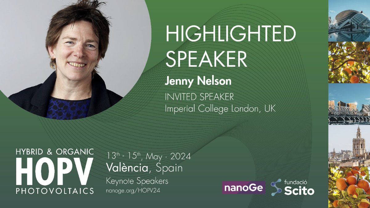 🟢Jenny Nelson from Imperial College London (@imperialcollege) is a highlighted speaker of the International Conference on Hybrid and Organic #Photovoltaics #HOPV24 @nanoGe_Conf! 📍València, Spain 🗓️13th-15th May 2024 🔗More information: nanoge.org/HOPV24/home