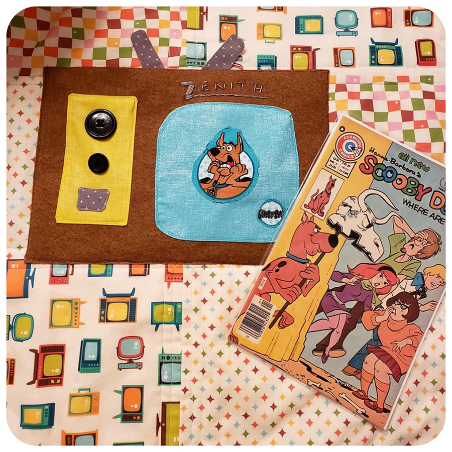 #Zoinks! The way JustCallMelshi #etsyshop masterfully matched this #retroTV appliqué to my funky fabrics is a real Scooby Dooby Doo-zy! #television #retrofabric #midcentury #retrovibes #scoobydoo #scoobydoobydoo #comicbook #sewcialists #sewingaddict #spoonflower #calebgraystudio