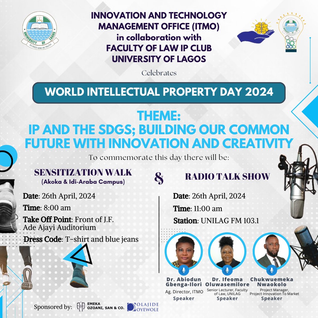 #UpcomingEvent The Innovation and Technology Management Office (ITMO), University of Lagos and UNILAG Intellectual Property (IP) Club are set to celebrate World Intellectual Property Day 2024 on April 26, 2024 Visit unilag.edu.ng/?p=36311 for the activities lined up for the day