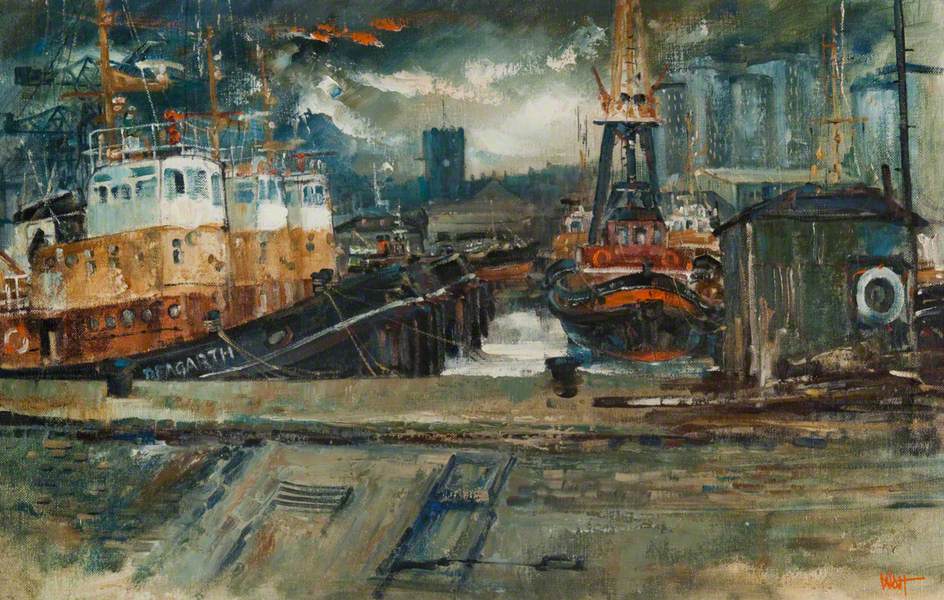 Today's theme for @artukdotorg's #onlineartexchange is Industry. We've chosen 'Victoria Harbour, Greenock' by the late James Watt (1931-2022) Born in Port Glasgow, he studied at The Glasgow School of Art and dedicated his life to recording the River Clyde and its industries.