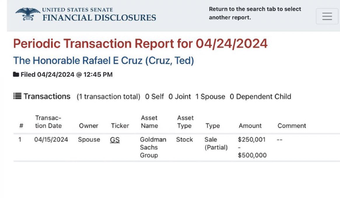 Ted Cruz sold half a million dollars in Goldman Sachs stock last week—on the same day the company was releasing its quarterly earnings. Cruz’s wife is Managing Director of the firm.