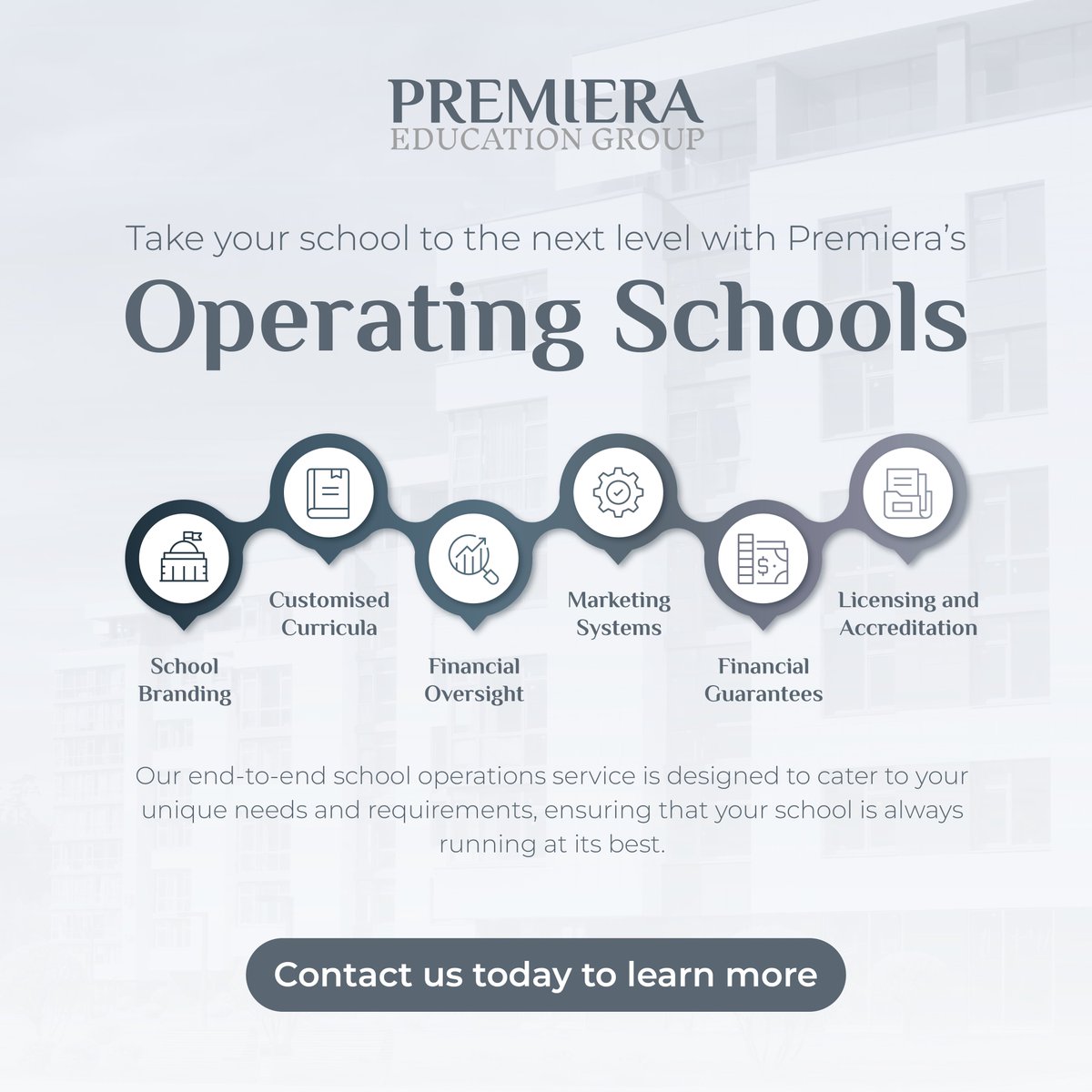 Premiera is dedicated to maintaining the utmost standards in school management and operations. Backed by our seasoned team, we offer systems and policies tailored to suit the needs of any new school partnering with us.

From school branding and tailored curricula to meticulous…