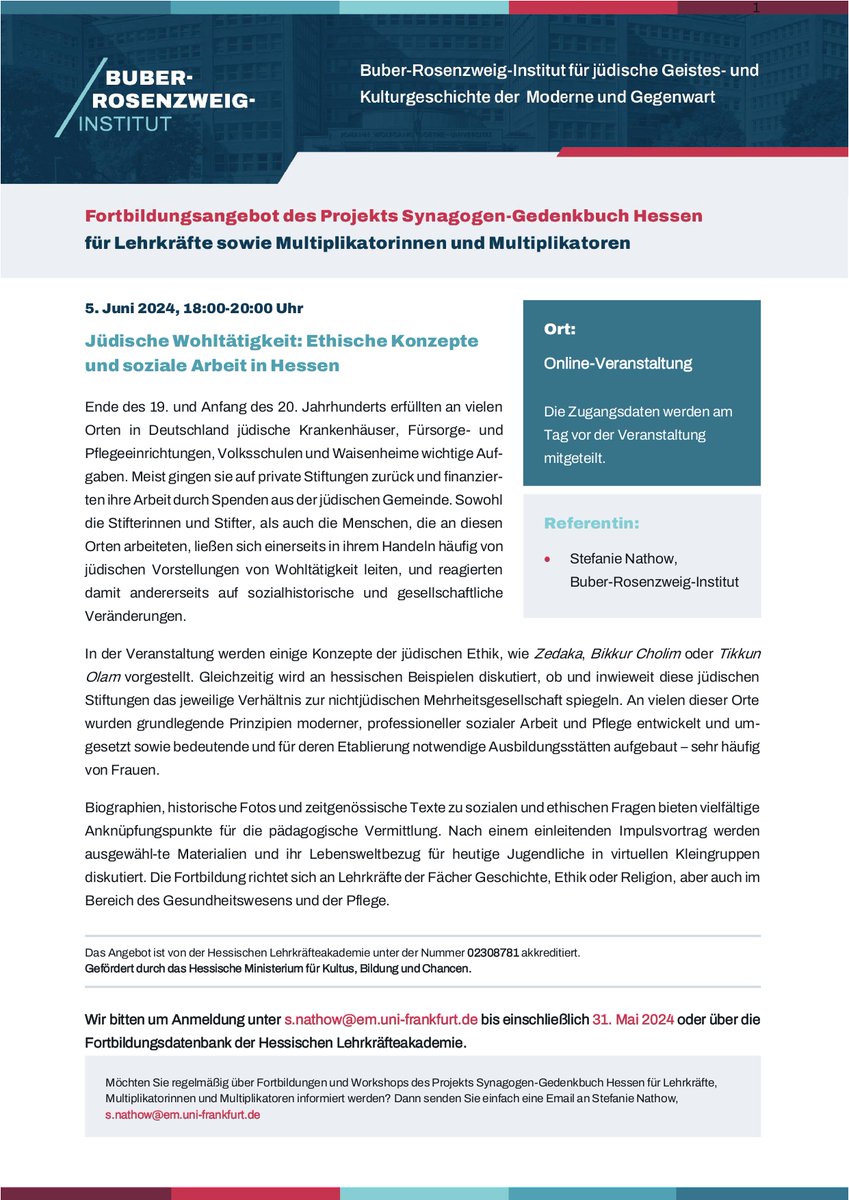 BuberInstitut's tweet photo. 📝📒 Das nächste Fortbildungsangebot steht vor der Tür. 📍#online 🕕5. Juni, 18-20. Thema: Jüdische #Wohltätigkeit: Ethische Konzepte und soziale Arbeit in #Hessen. @goetheuni @DynaRelGU @SchuleHessen https://t.co/1J2lmwfD3g