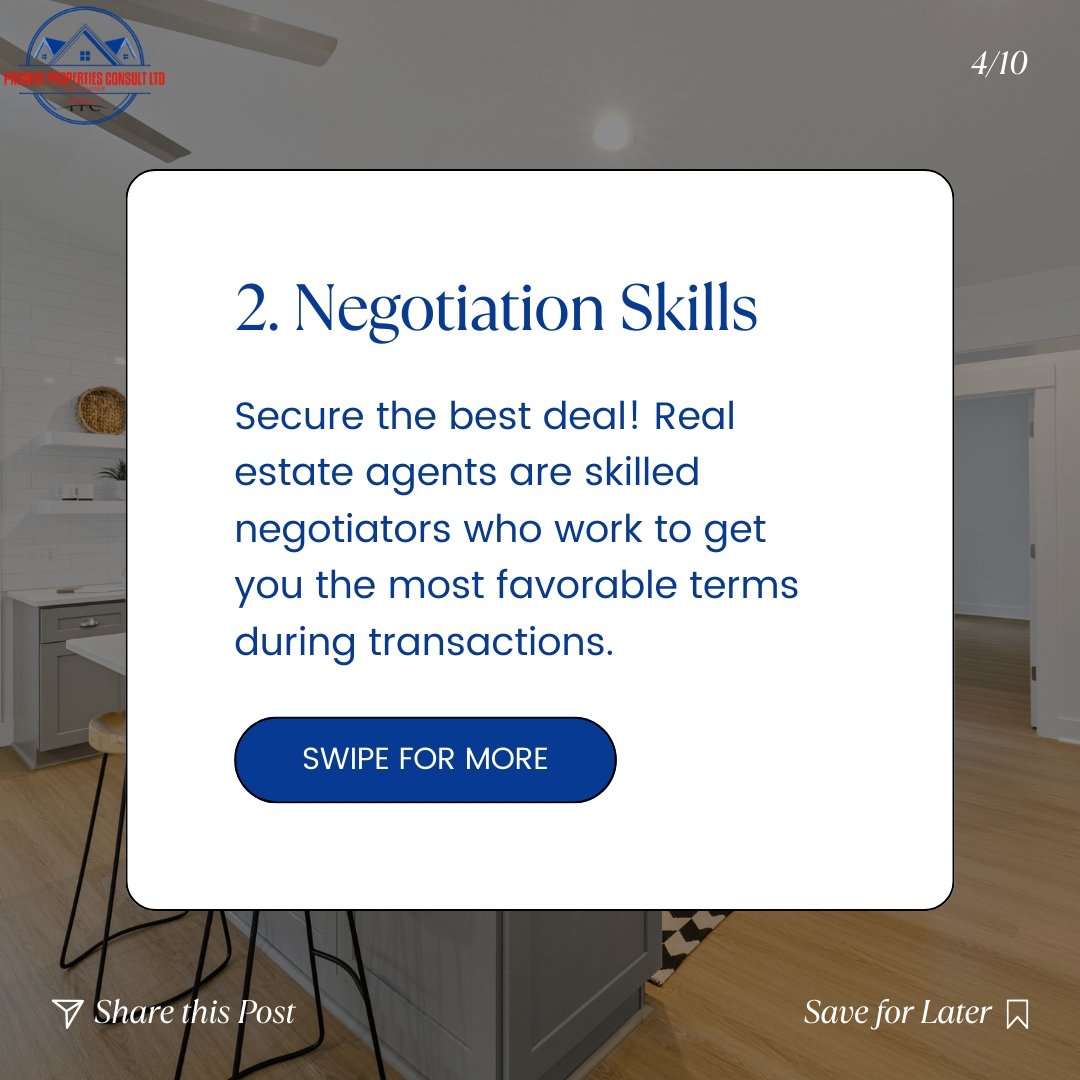 2: Negotiation skills 💼 Negotiating the best deal requires finesse and tact. With their negotiation prowess, professional agents help you secure the best terms and maximize your investment. #RealEstate #PremierProperties