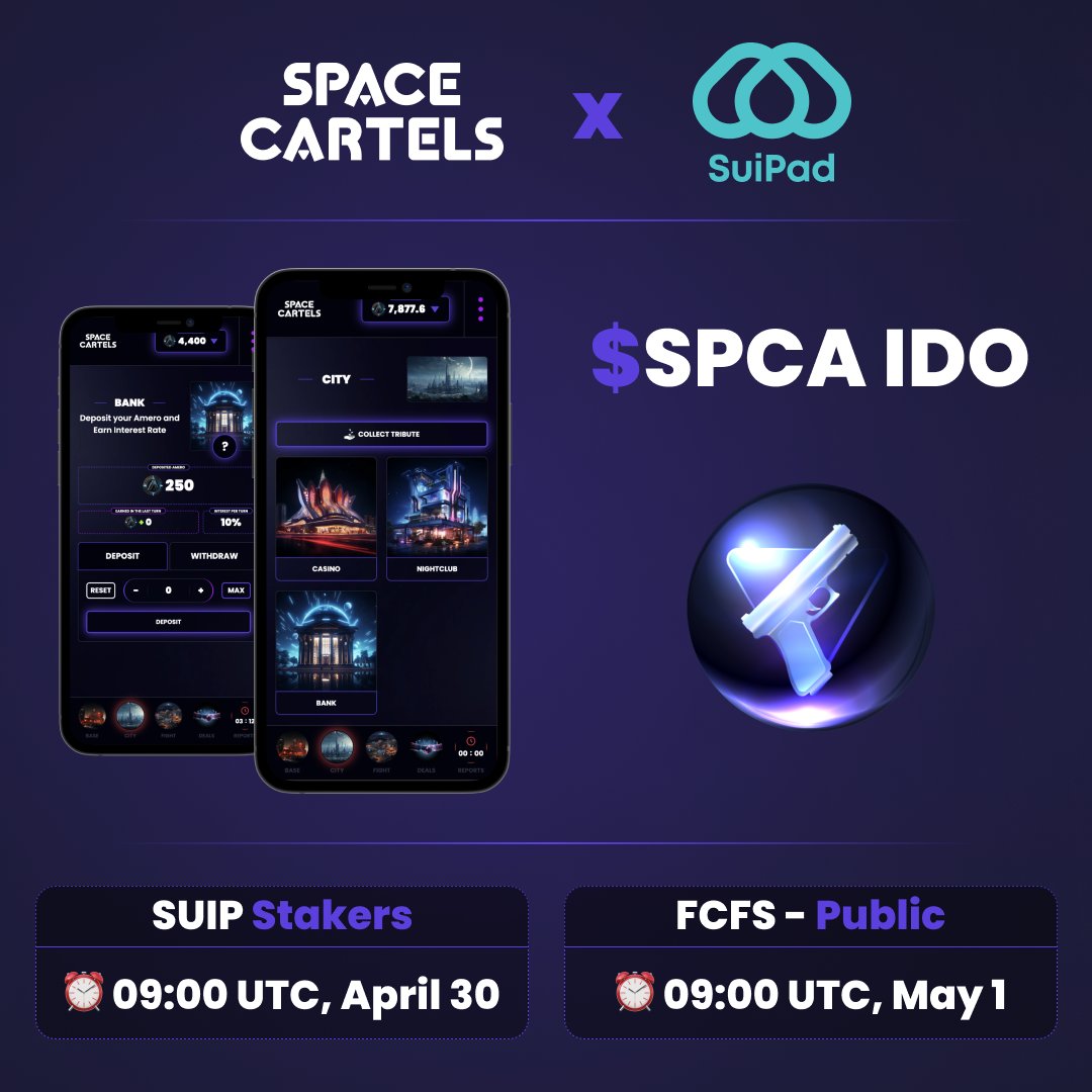 We are thrilled to announce @SpaceCartels launch on @SuiPadxyz!

Secure your $SPCA tokens before they are listed on top-tier CEX.

📆IDO Sale Schedule:
SUIP Stakers: 09:00 UTC, April 30
FCFS: 09:00 UTC, May 1

Read this thread to learn more and secure a spot on the Whitelist for