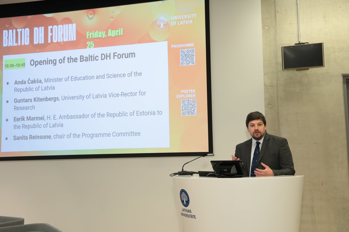 The Baltic Digital Humanities Forum is taking place now! Opening remarks by the Minister of the Education and Sciences of Latvia <a href="/andacaksa/">Anda Čakša</a>, <a href="/lvuniversity/">University of Latvia</a> Vice-rector for Research <a href="/guntarskit/">Guntars Kitenbergs</a>, and Ambassador <a href="/EerikMarmei/">Eerik Marmei</a> <a href="/EstoniaInLV/">Estonia in Latvia | #StandWithUkraine</a>.
#BalticDH2024