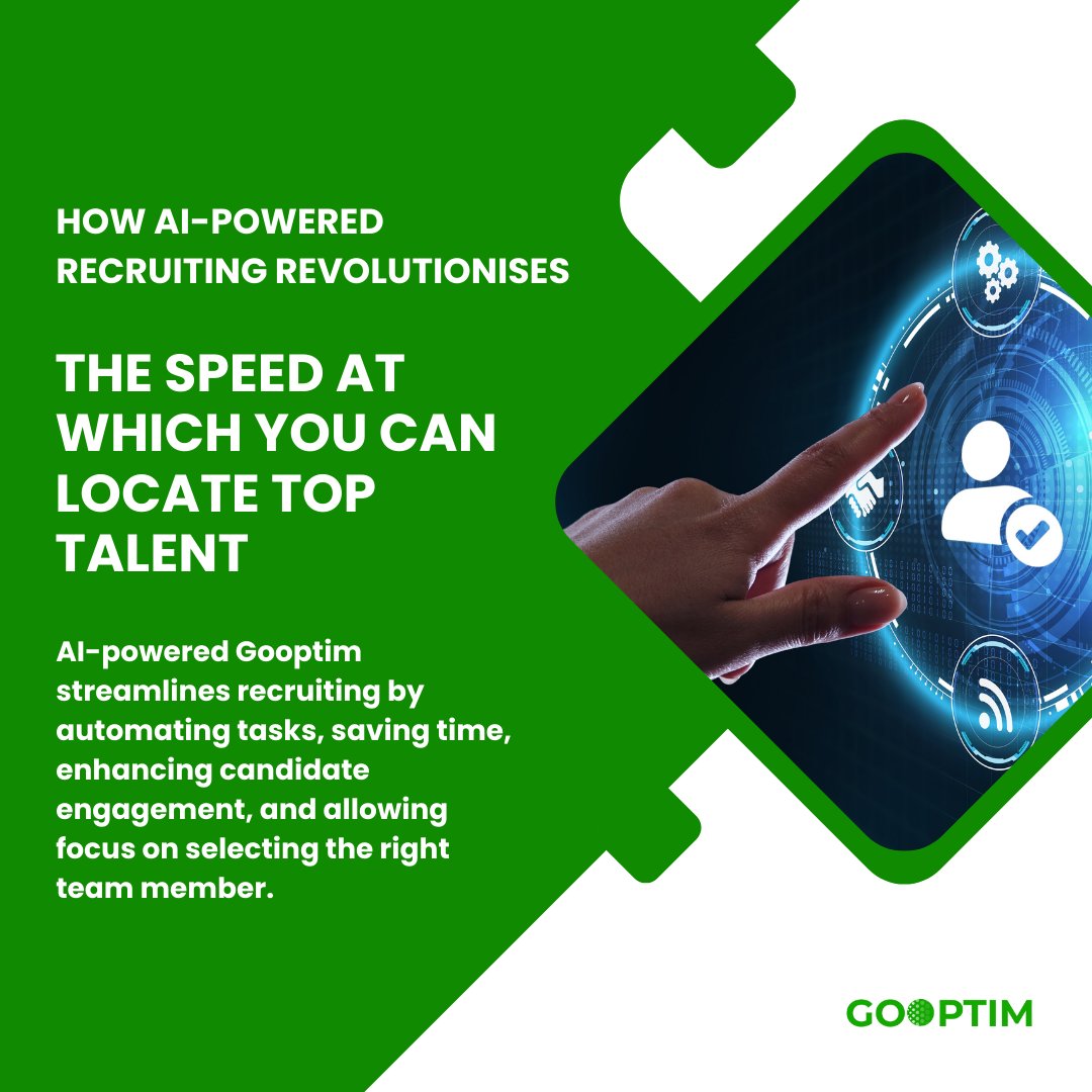 AI-powered Gooptim streamlines recruiting by automating tasks, saving time, enhancing candidate engagement, and allowing focus on selecting the right team member. #hrtech #recruiting #futureofwork #talentmanagement #workforcemanagement #artificialintelligence #automation
