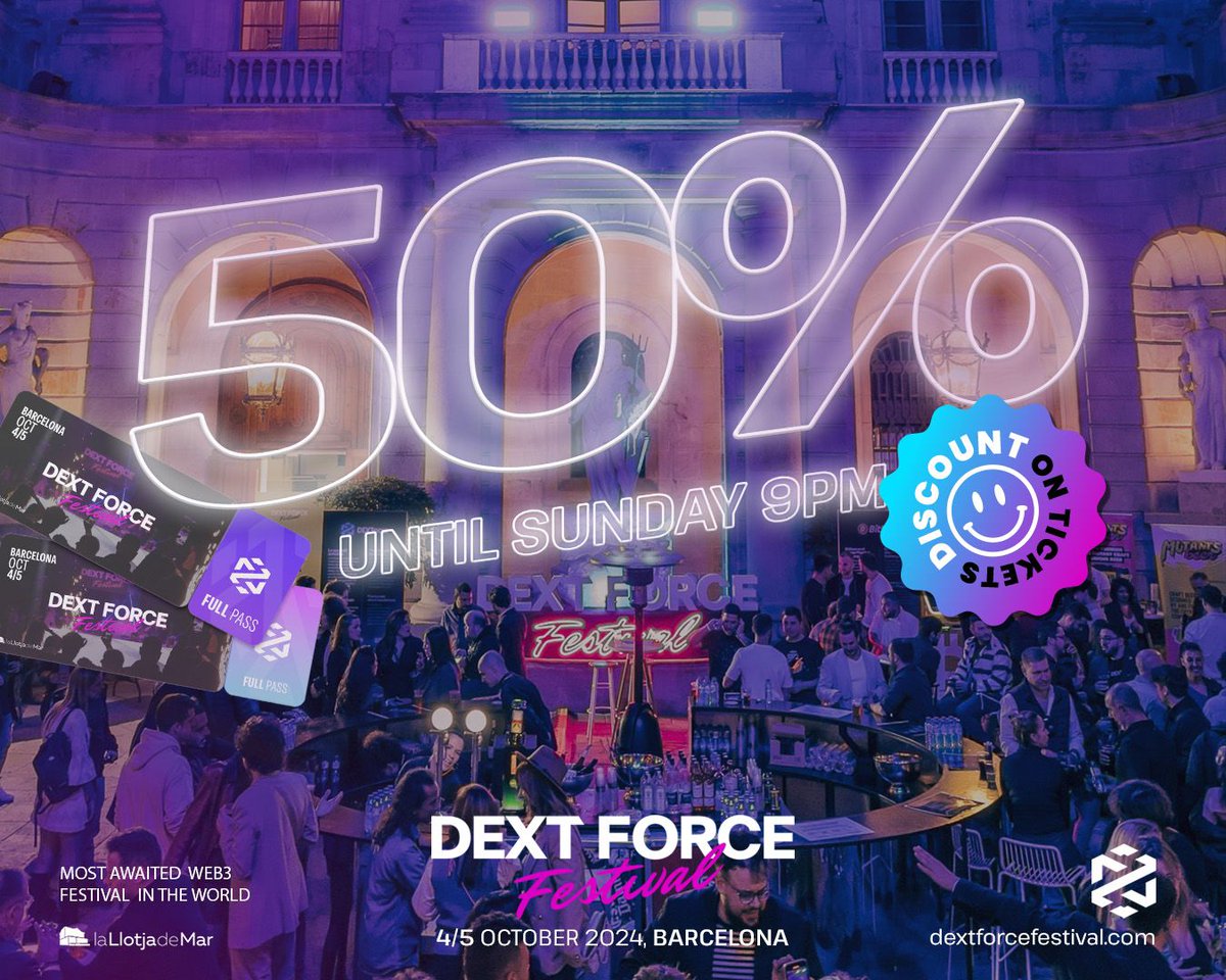 📢 Have you heard? 📢 🔥 50% discount on #DEXTFORCEFestival tickets to celebrate 1k followers on Instagram 🕐 Only until Sunday 28th April at 9 pm (CEST). What are you waiting for? 🎟️ Buy your ticket now: dextforcefestival.com Don’t miss out! 🚀 #blockchain #Web3 #BCN