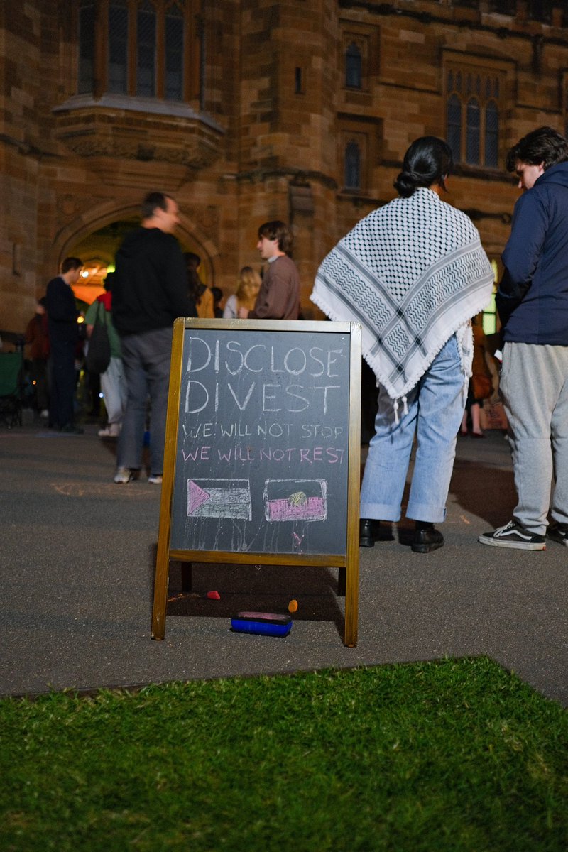 src_sydneyuni's tweet photo. Tomorrow we are holding a rally at 1pm, we are being visited by Families for Palestine, and we will be holding a teach in at 3pm with Teachers for Palestine. Come on down, set up a tent and bring a sleeping bag, build the encampment!

#gazacampusyd #freepalestine  #bds #usyd https://t.co/4gVGcDidfS