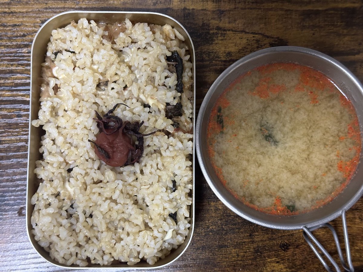 #食事記録 
日の丸弁当（鰹節と揚玉三段仕様）
ワカメの味噌汁
作業の合間に丁度良い量ですな。