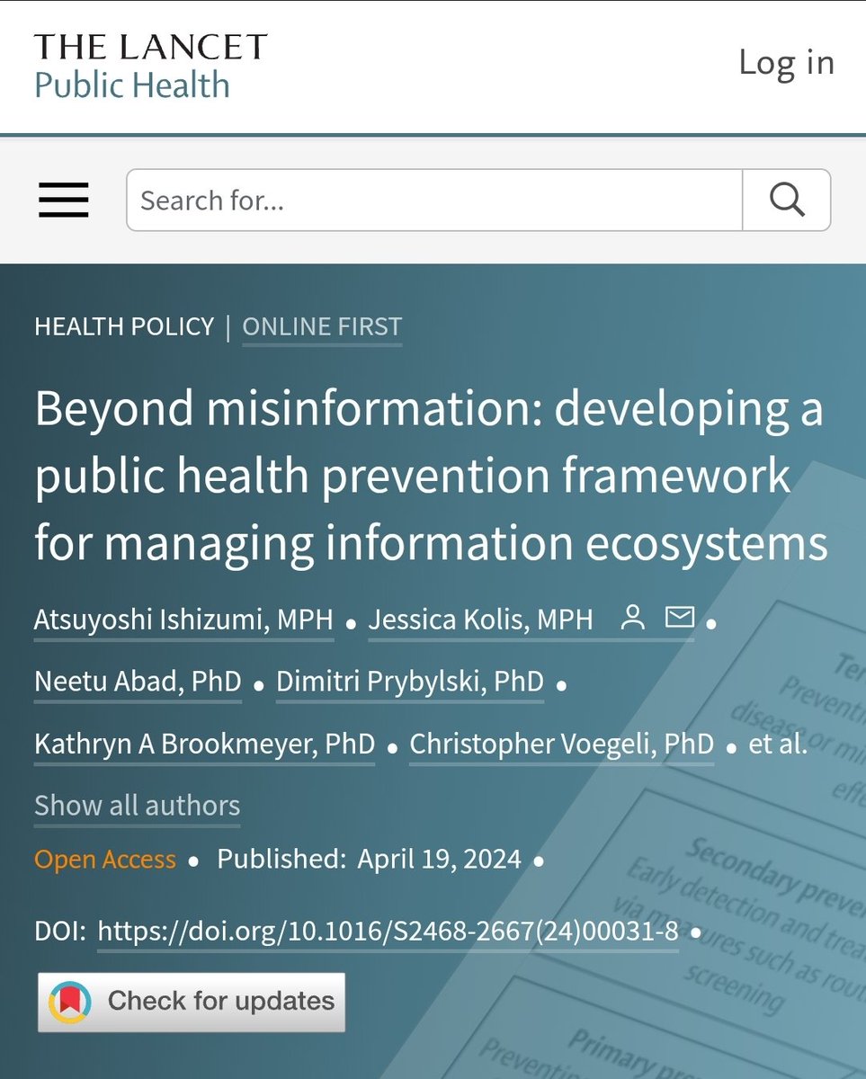 Beyond misinformation: developing a public health prevention framework for managing information ecosystems

Summary

The COVID-19 pandemic has highlighted how infodemics (defined as an overabundance of information, including misinformation and disinformation) pose a threat to