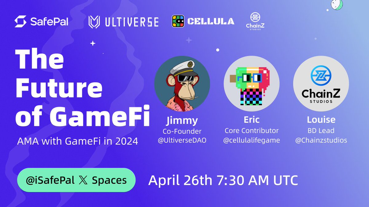 📢@iSafePal #GameFi AMA is here! Join us with @UltiverseDAO & @cellulalifegame & @Chainzstudios 👇 ⏰26th April, 7:30 AM UTC 📌Set a reminder twitter.com/i/spaces/1RDGl… Leave a question in the comment and Join the AMA for a chance to win🔽