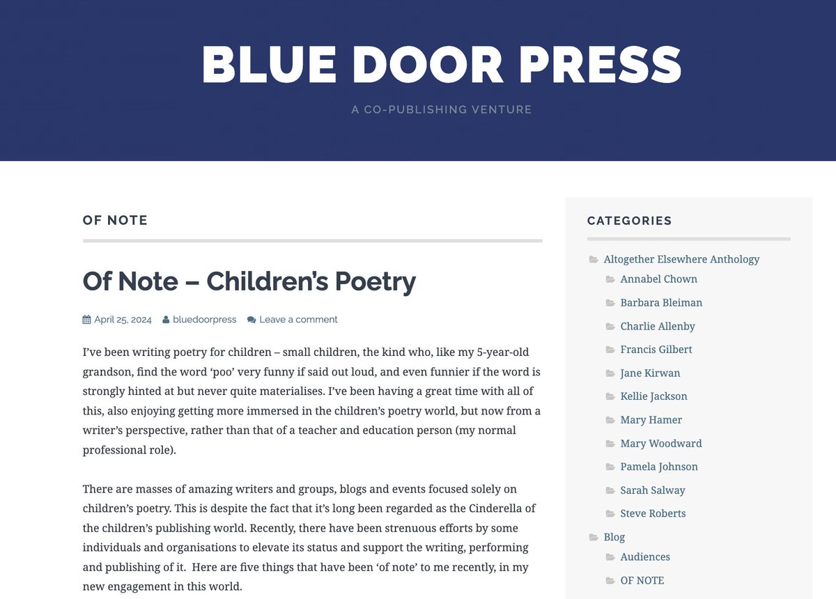 Blue Door Press (@bluedoorpress) on Twitter photo New post in our 'Of Note' series by <a href="/BarbaraBleiman/">Barbara Bleiman 🎓 Education is Conversation</a>, about things of note in the world of children's poetry, with great suggestions for things to look out for! bluedoorpress.co.uk/category/blog/… New post in our 'Of Note' series by <a href="/BarbaraBleiman/">Barbara Bleiman 🎓 Education is Conversation</a>, about things of note in the world of children's poetry, with great suggestions for things to look out for! bluedoorpress.co.uk/category/blog/…