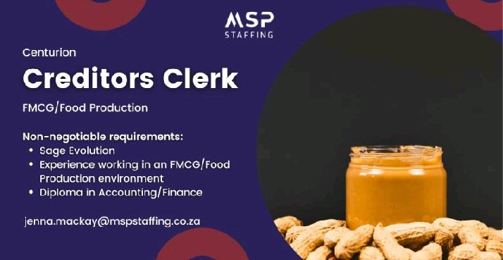 We are hiring a Creditors Clerk in Centurion.

Responsibilities include:
• Reconciliations
• Payment Processing
• Cashflow forecasting 
• Invoicing 

Send your CV to jenna.mackay@mspstaffing.co.za