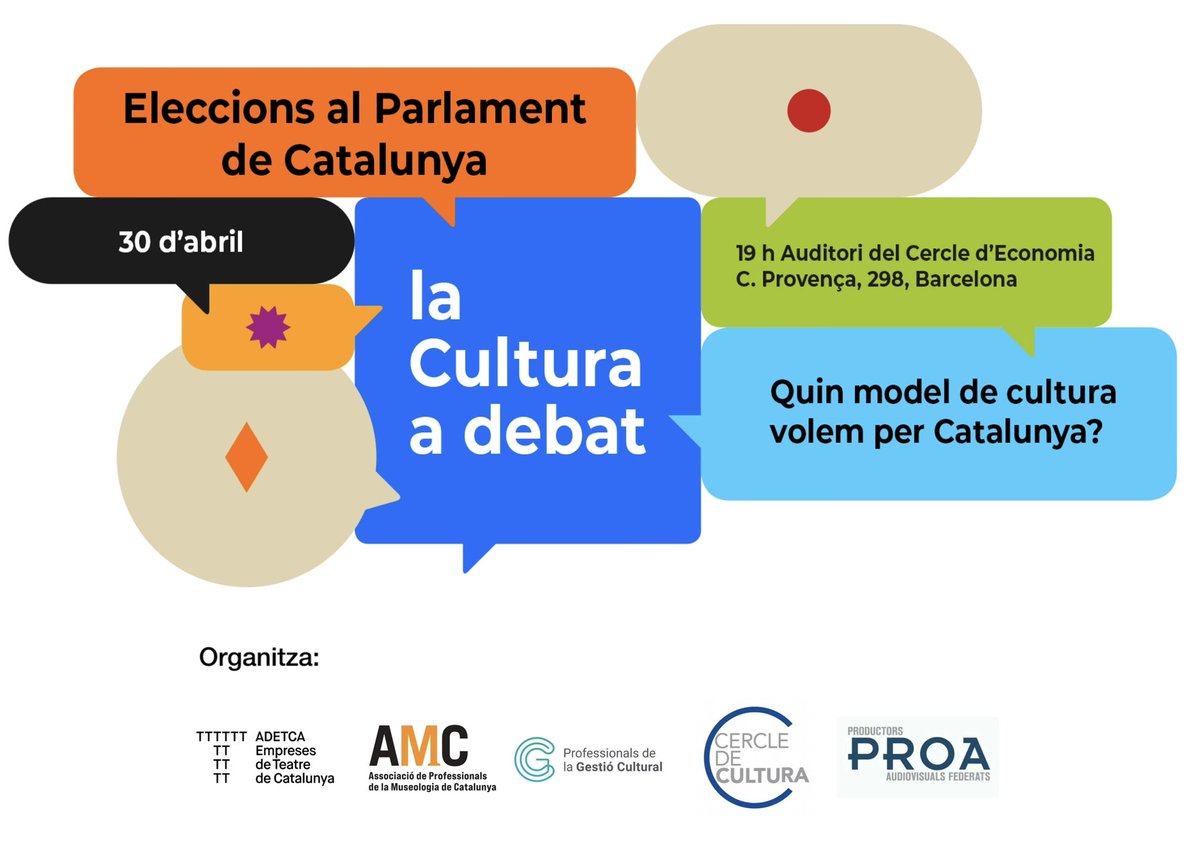 La Cultura a debat💭‼️ El 30/04, a les 19.00h, a l’auditori del @CdEconomia l’AMC participarem en un debat públic sobre les polítiques culturals amb els representants dels principals grups polítics que presenten candidatura. L'aforament és limitat ➡️ n9.cl/proa-debat