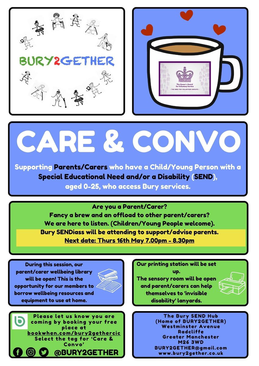 Our next Care and Convo will take place on Thursday 16th May 7-8.30pm. Come along for a chat and a brew! SENDiass will also be attending.