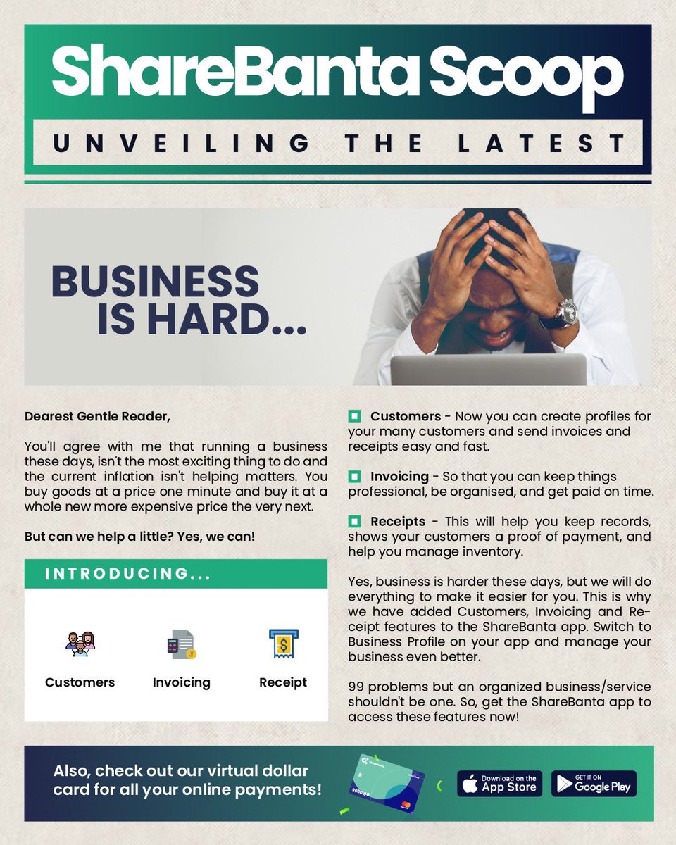 sharebanta's tweet photo. Business may be harder these days, but we've got new features to help make things easier for you. Download the ShareBanta app now to get started and send this to a business owner that needs it!
#business #ShareBanta https://t.co/MhVY9IfShG