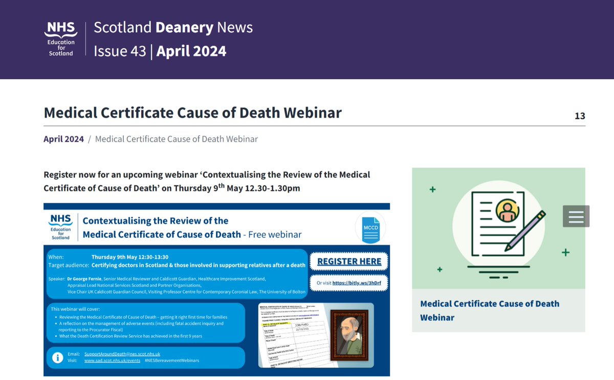 The April edition of @scotmedtraining’s newsletter is now available featuring information on the upcoming @NHS_Education webinar on the review of the Medical Certificates of Cause of Death in Scotland on Thurs 9th May 12.30-1.30pm. 👉Visit rb.gy/mci92g to learn more