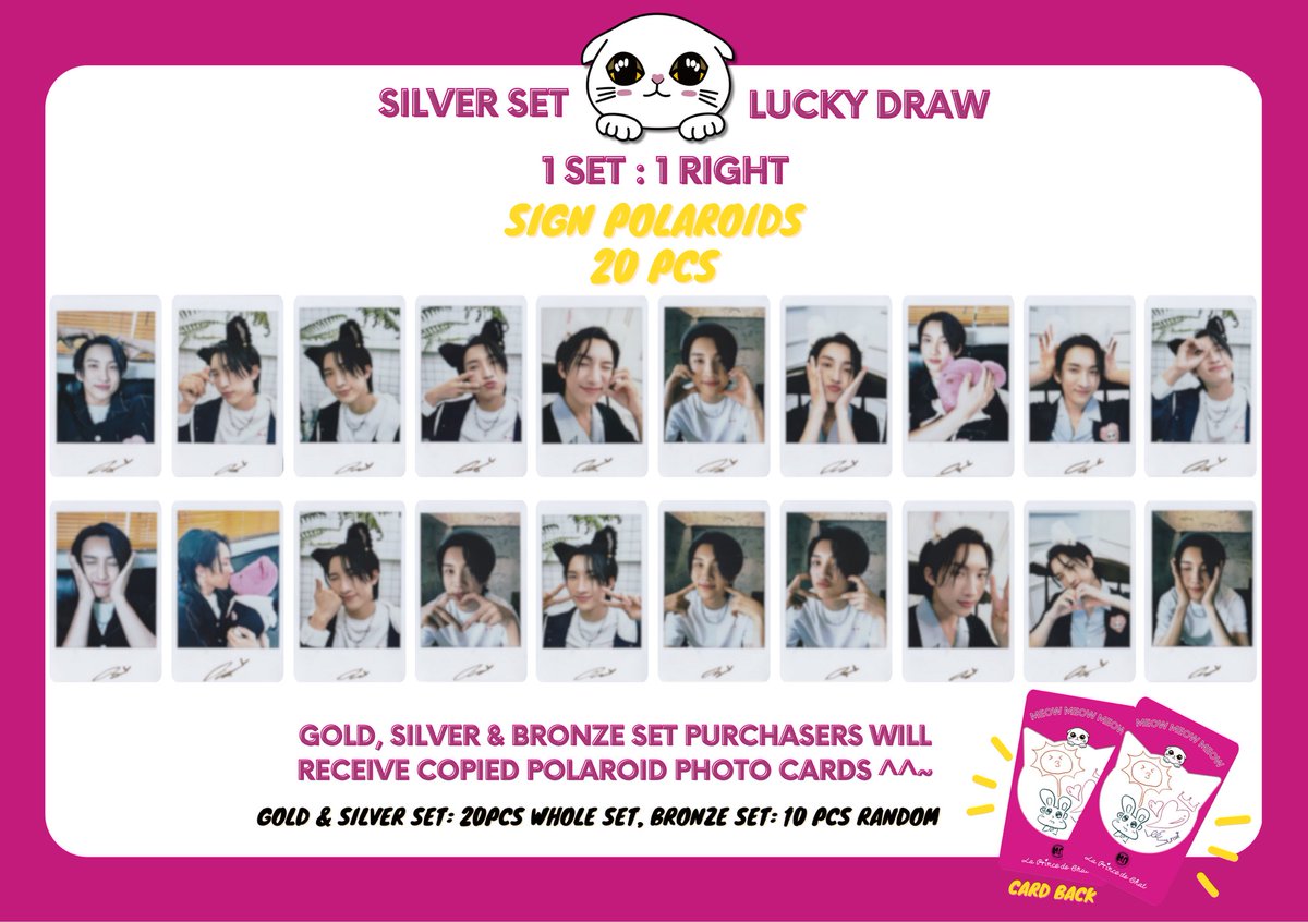 Dear Princess🌸 ❤️Sign Polaroids by Noeul 20 pcs~ All unseen before!! ❤️Silver Set’s lucky draw winner will win one of the 20 Sign Polaroids~~🥰 🐱GOLD, SILVER & BRONZE SET PURCHASERS WILL RECEIVE COPIED POLAROID PHOTO CARDS ^^~ 🐱GOLD & SILVER set: 20pcs whole set, Bronze…
