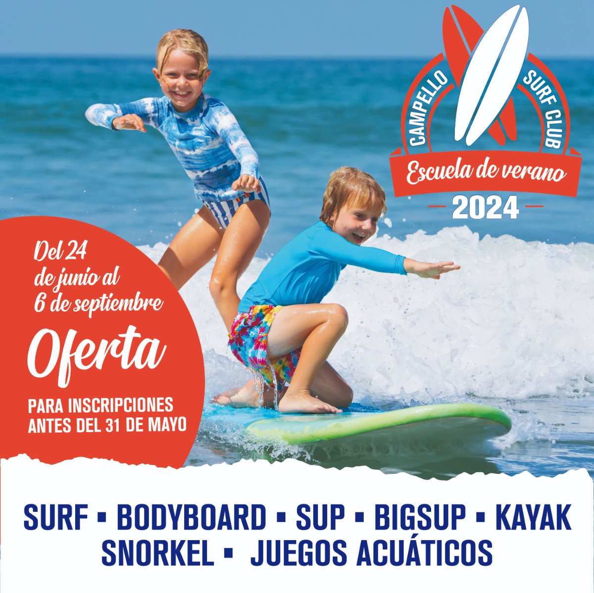 🌊🌞 Inscripciones abiertas para nuestra escuela de verano en Club Surf El Campello! Actividades de surf, SUP, y más para niños de 5-17 años, con atención personalizada (1 monitor cada 5 niños). 🏄‍♂️🌴Disponible del 24/06 al 06/09. ¡Apúntate antes del 31/05 para precios especiales!