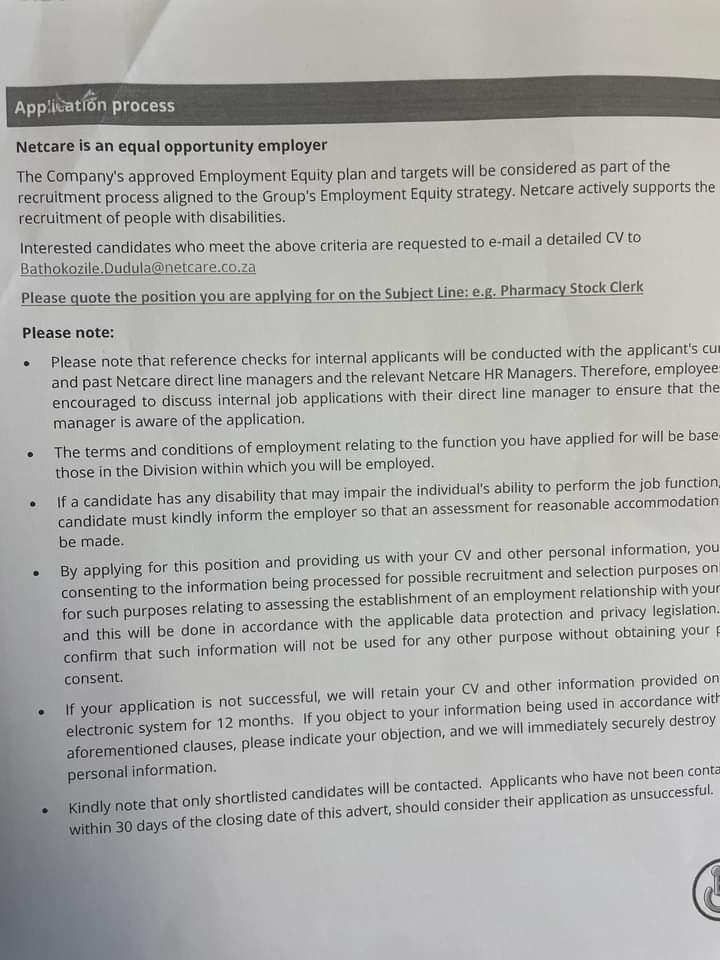 Netcare is hiring a Pharmacy Stock Clerk. Send your CV to Bathokozile.Dudula@netcare.co.za Please quote the position you are applying for in the subject line. Closing Date : 30 April 2024