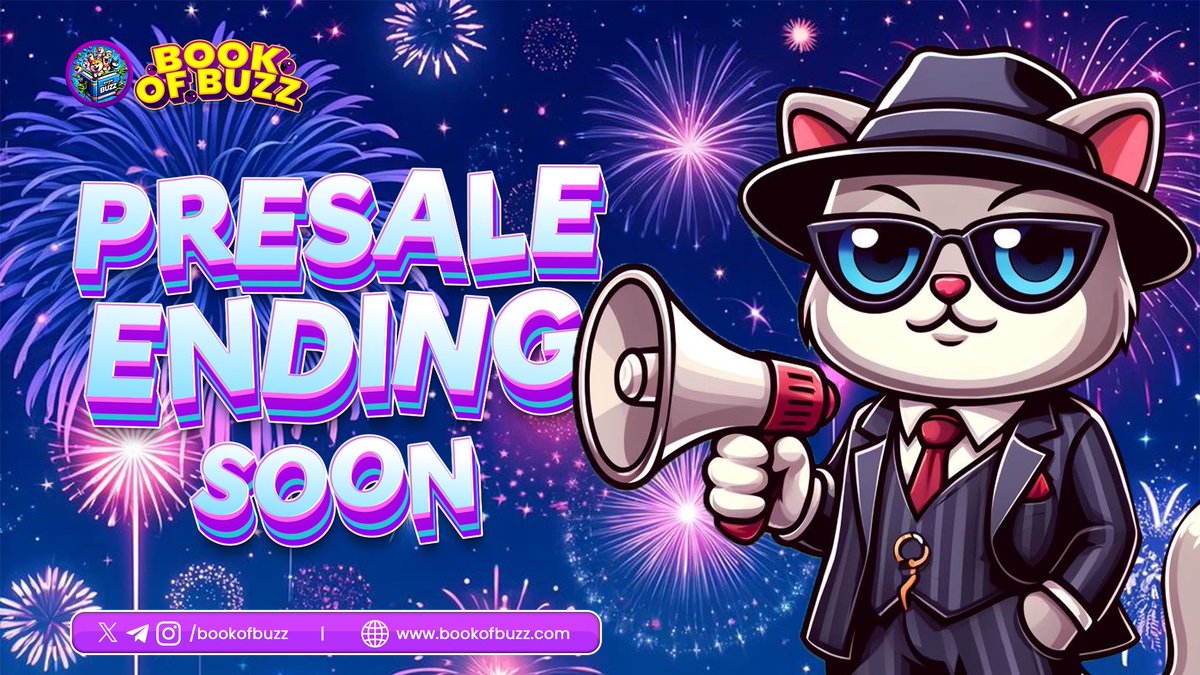 Time's Running Out! 🔔 Our EXPLOSIVE Fairlaunch Presale has come to an end day! 🔔 Book of buzz ($BOOBZ) presale is ending soon – act fast and grab your ticket to the crypto adventure of a lifetime! 🚀 🙌 Don't miss this chance to be part of a purr-fect project! 👀 Presale…