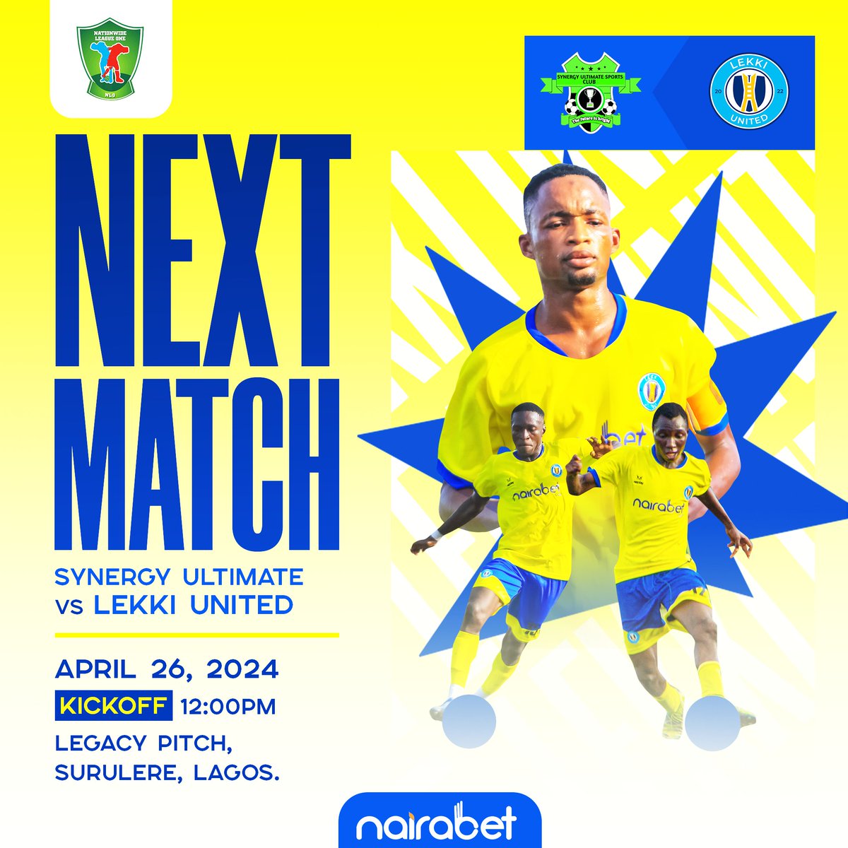 Up Next: We're ready to make it back-to-back wins.💥 Let's make it count 💪 🆚 Synergy Ultimate 🗓️Friday, 26th April 🏟️ Legacy Pitch, Lagos 🕒 12 p.m. #WeAreLekkiUnited #NLO24